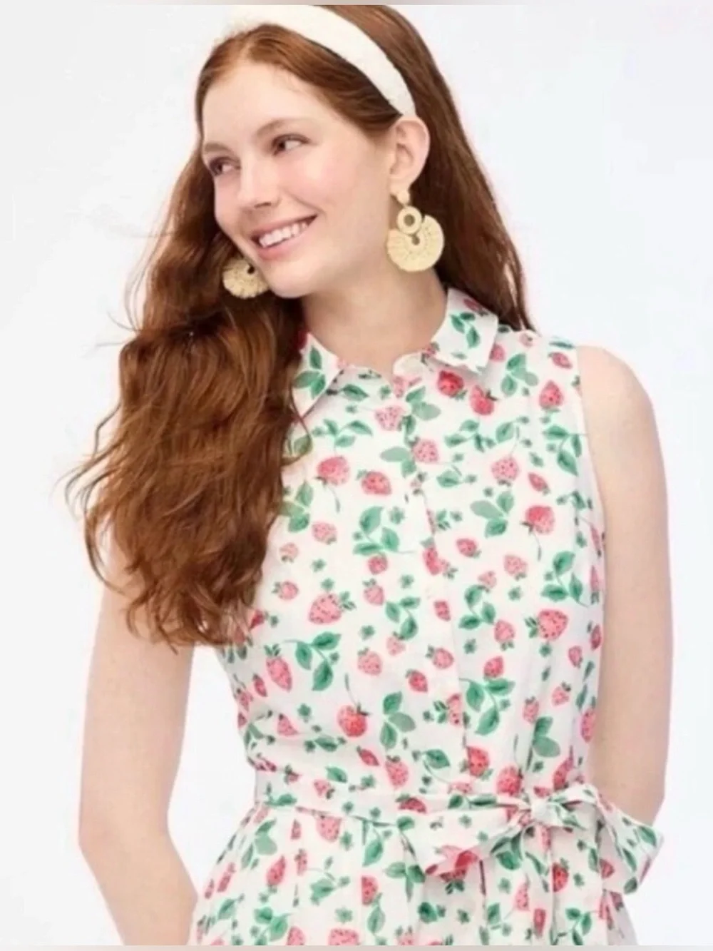 J. Crew White Strawberry Print Button-Up Sleeveless Shirt Dress - Picture 2 of 5